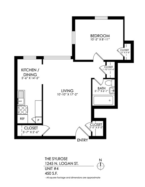 Floor plan for 1 bed, 1 bath, 450 sqft